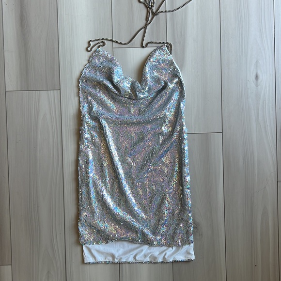 PETITE CHAINMAIL HALTER COWL FRONT MINI DRESS - Picture 3 of 5